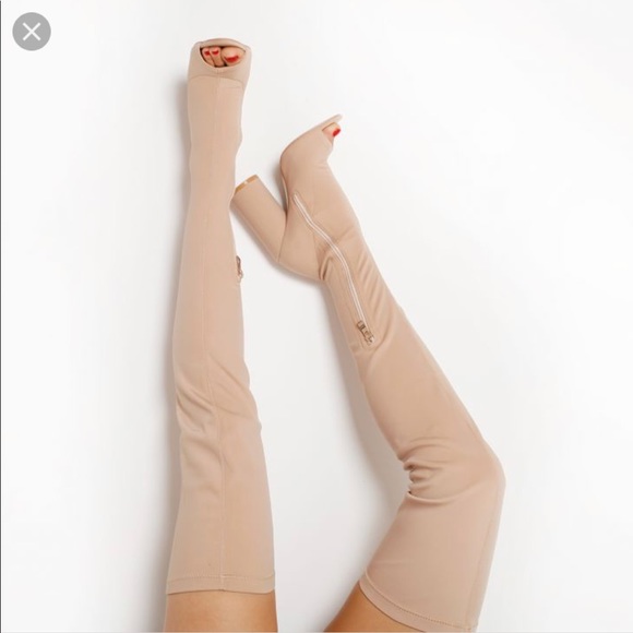 Public Desire Shoes - EGO Official Nude Lycra Thigh High Boots